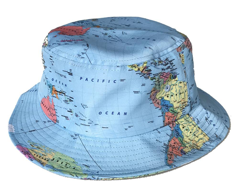 Light blue Custom DyeSub bucket hat with colorful world map print
