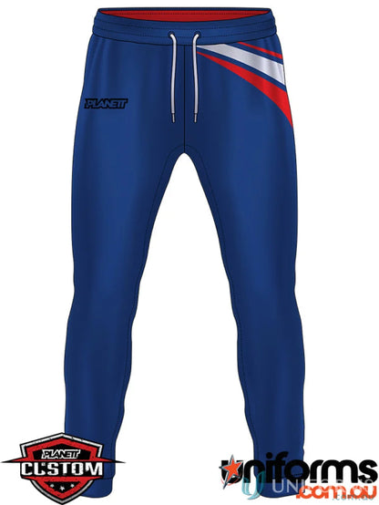 Blue athletic pants from Custom DyeSub Cricket Pants with custom made sublimated sports fabric and button holes