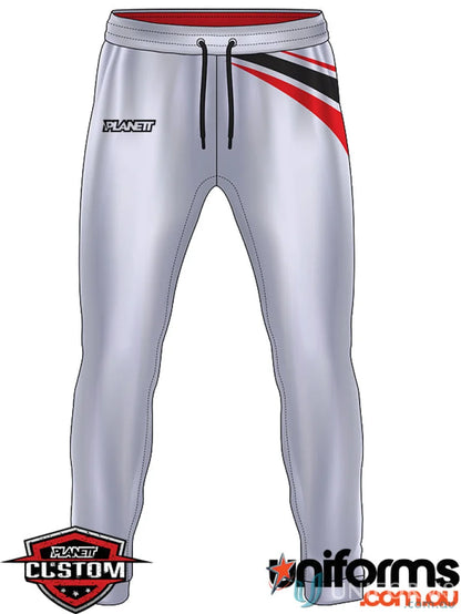 Gray athletic pants with red and black accents, custom made sublimated sports fabric