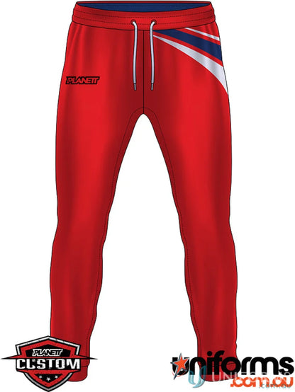 Custom made sublimated Red athletic pants with blue and white accents and button holes