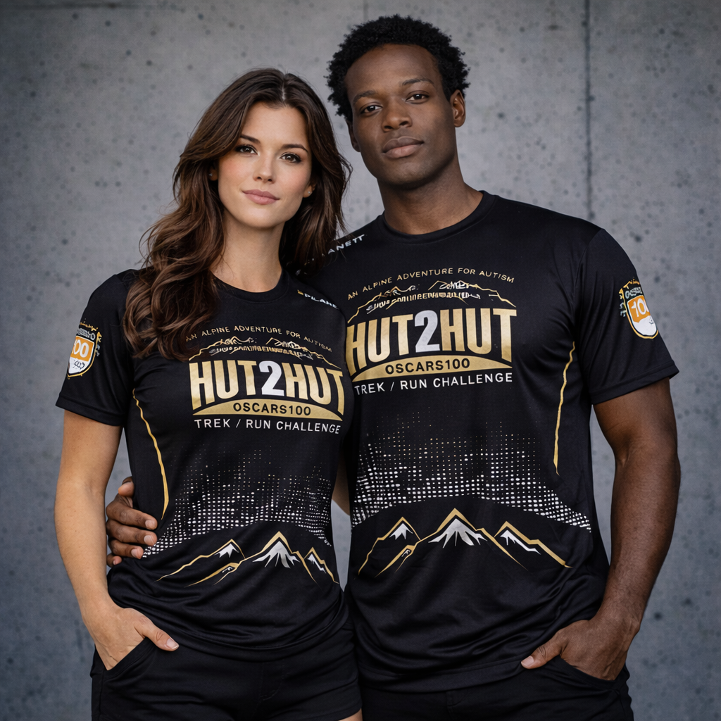 Black and gold hut2hut oscars100 trek run premium performance tee with mountains