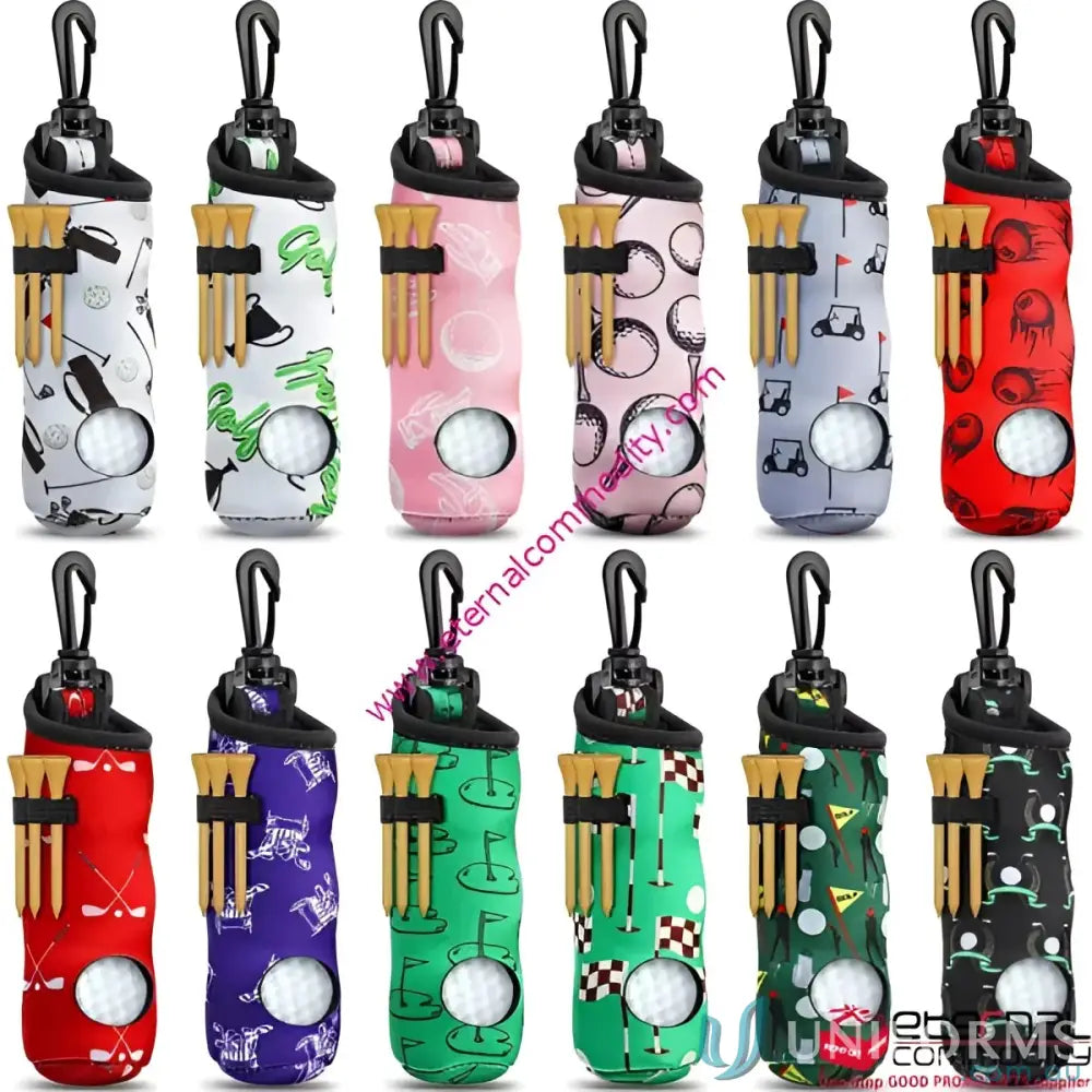 Colorful golf tee holder with pattern and plastic hook for easy golf tee storage