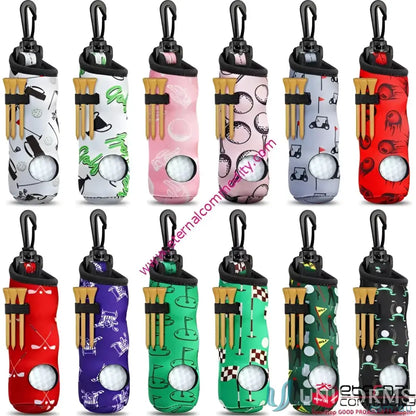 Colorful golf tee holder with pattern and plastic hook for easy golf tee storage