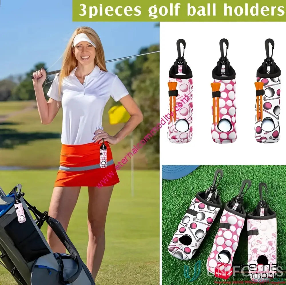 Three patterned golf tee holders with plastic hooks and golf tee slots for portable use