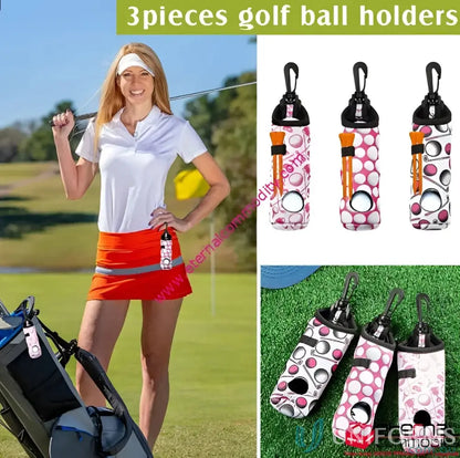 Three patterned golf tee holders with plastic hooks and golf tee slots for portable use