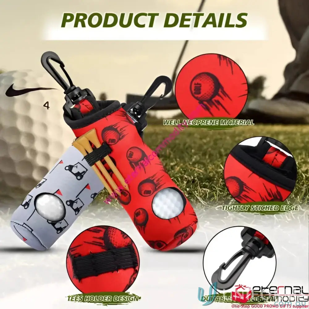 Neoprene golf tee holder with carabiner clip and plastic hook for easy golf tee storage