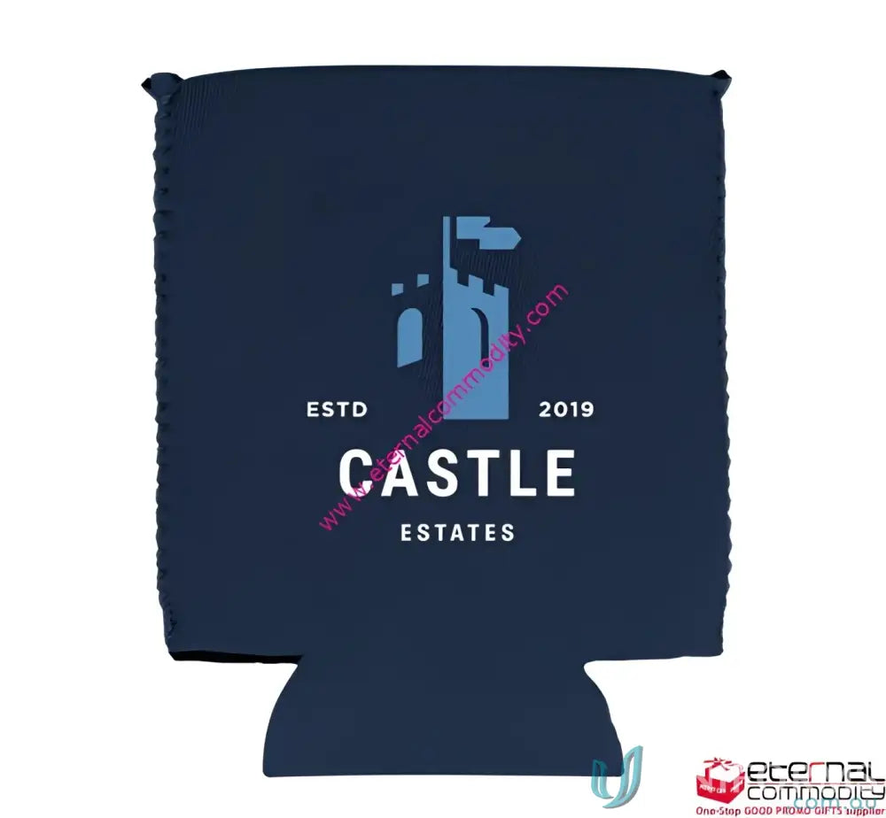 Dark blue Ezy Grip Stubby holder with castle logo made of laminated open cell foam