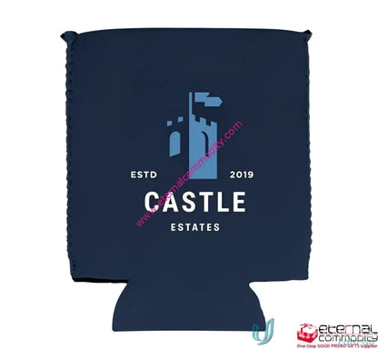 Dark blue Ezy Grip Stubby holder with castle logo made of laminated open cell foam