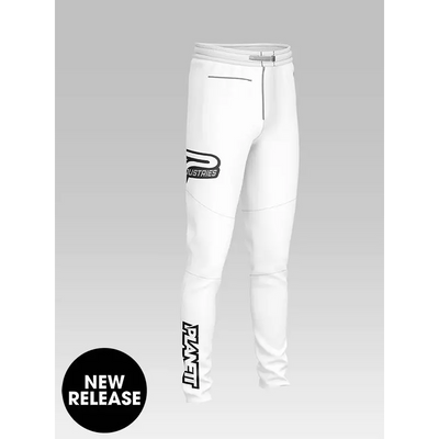 White athletic ride pant with black p logo and vertical text, designed for comfortable workwear and uniforms