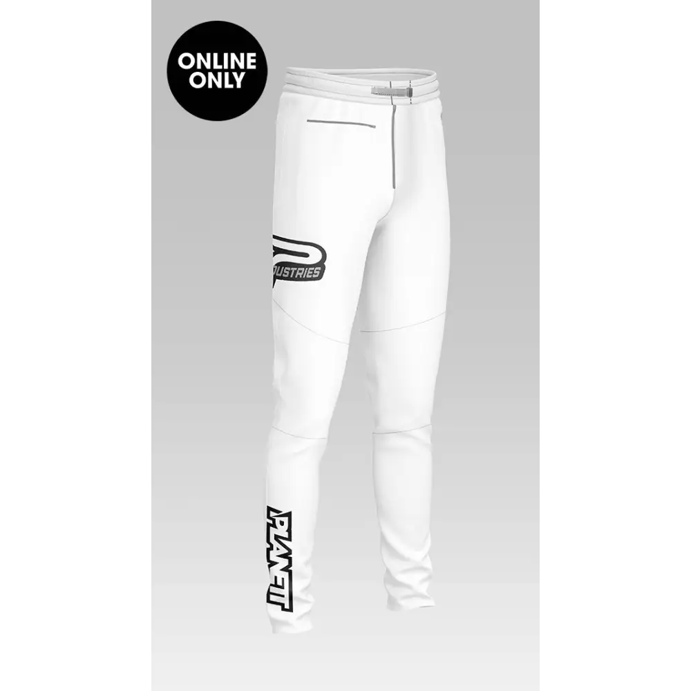 Custom made 2ndskn Ride Pant in white stretchy fabric with black logo