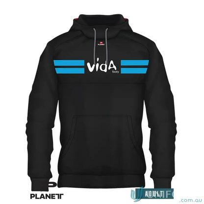 Black VIDA Adult Hoodie with blue stripes, sublimated polyester panel, cotton polyester body