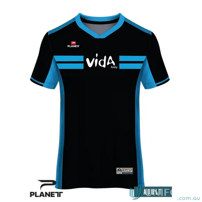 Black and blue soccer jersey on Custom VIDA Adult Tee with perforated fabric for breathability