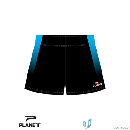 Black and blue moisture removal sports athletic shorts from Custom VIDA, check size chart