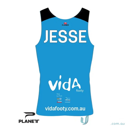 Blue and black athletic jersey from Custom VIDA with high-tech moisture removal for sports