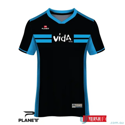 Black and blue Custom VIDA Youth Tee with gram high-tech moisture-wicking fabric