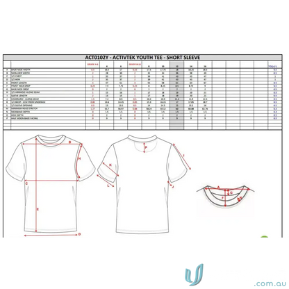 Custom VIDA Youth Tee size chart with gram high-tech moisture-wicking info and global sizing