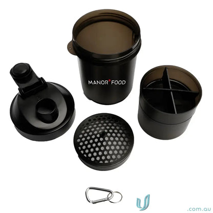 Disassembled black shaker cup with compartments and carabiner key chain for easy carry