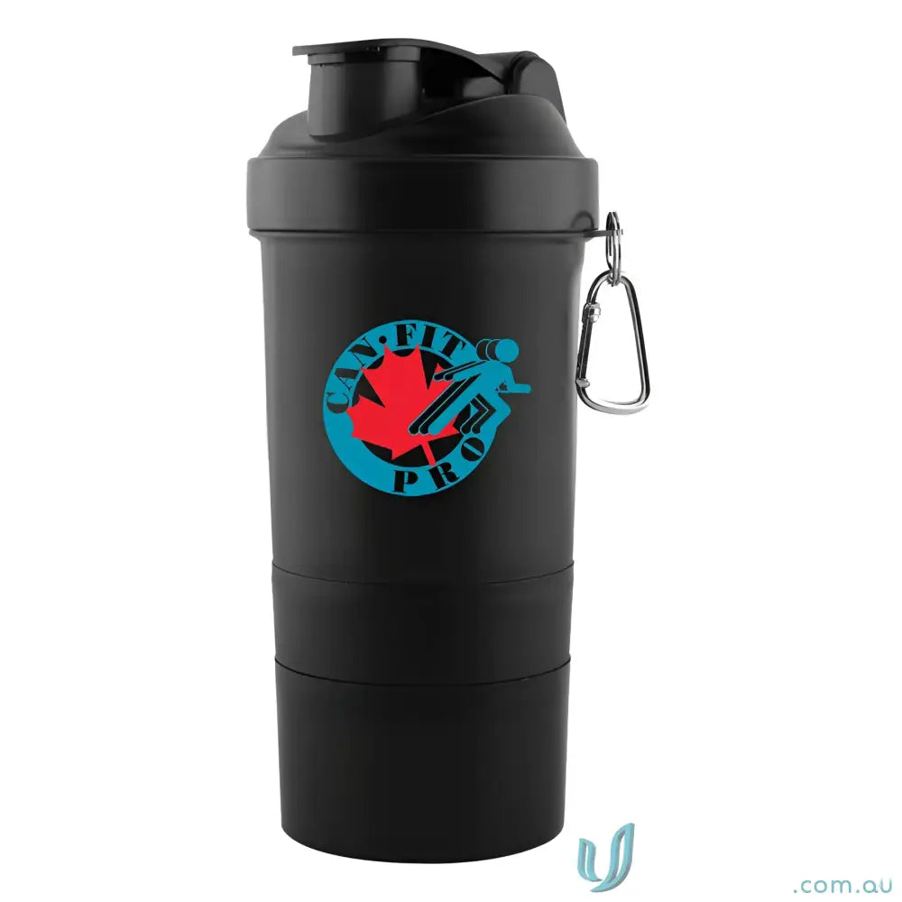 Black shaker cup with carabiner key chain for easy carry and protein mixing