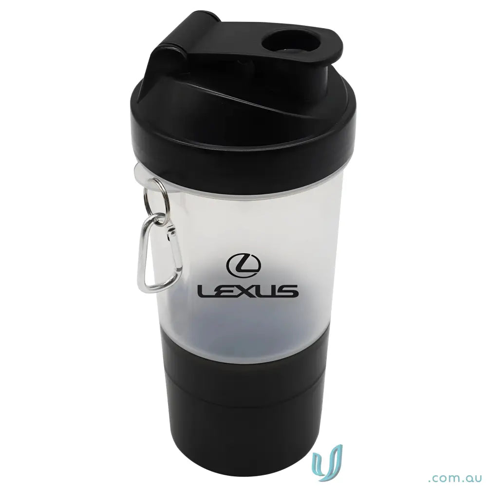 Black and clear shaker cup with carabiner key chain for easy carrying