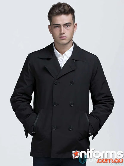 Black double-breasted faux leather Dakota Jacket with dwr water resistant finish