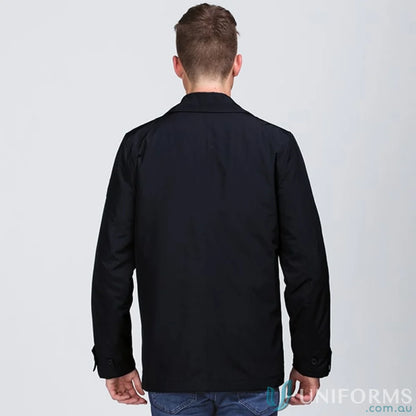 Black faux leather Dakota Jacket on man featuring DWR water resistant finish