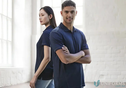 Two people rocking matching navy Dart Short Sleeve Polo shirts from Biz Collection