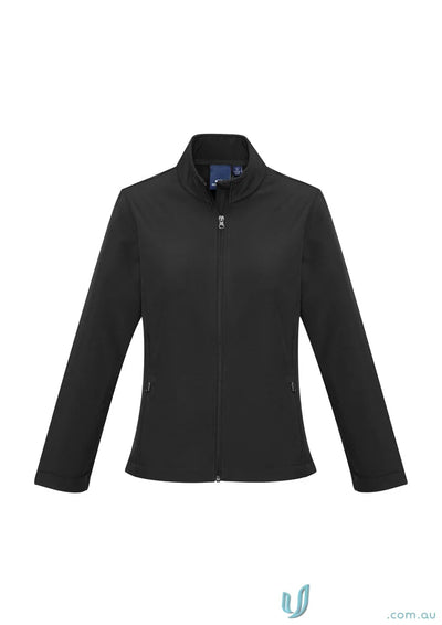 Black zip-up jacket from Daws EMB Ladies Softshell Jacket with modern fit and added warmth