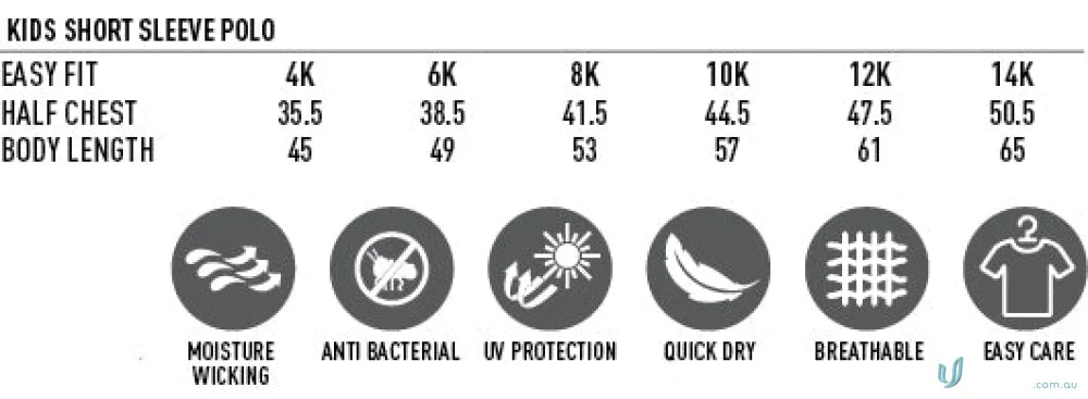 Kids short sleeve polo size chart and features for Daws (SUB) Custom Polo free set uniforms workwear
