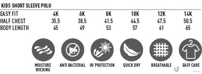 Kids short sleeve polo size chart and features for Daws (SUB) Custom Polo free set uniforms workwear