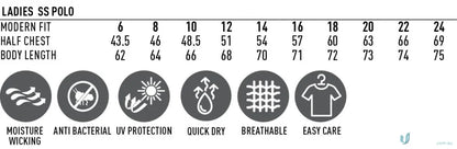 Ladies polo shirt size chart and features for Daws Sub Custom Polo, perfect for workwear uniforms with free set options