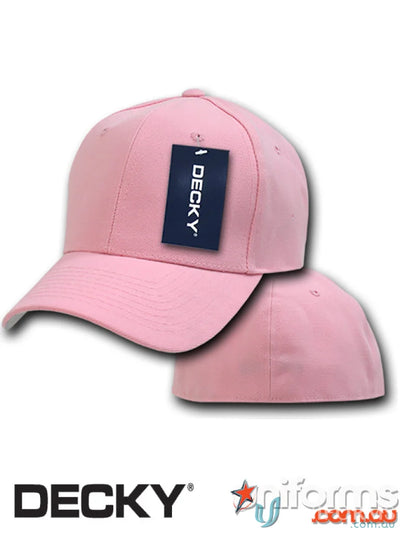 Pink baseball cap with tag from Decky 402 Baseball Flex Cap, perfect for uniforms or workwear