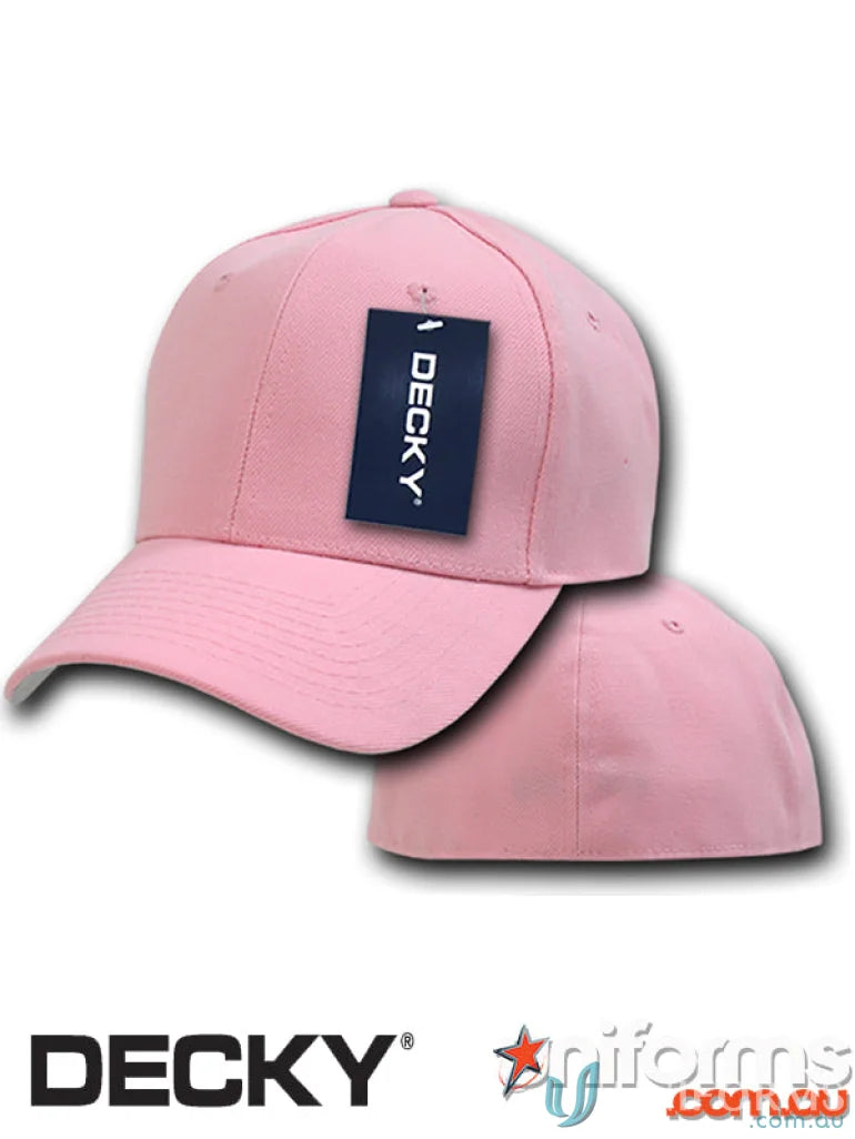 Pink baseball cap with tag from Decky 402 Baseball Flex Cap, perfect for uniforms or workwear