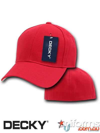 Red baseball cap with tag from Decky 402 Baseball Flex Cap, perfect for uniforms and workwear