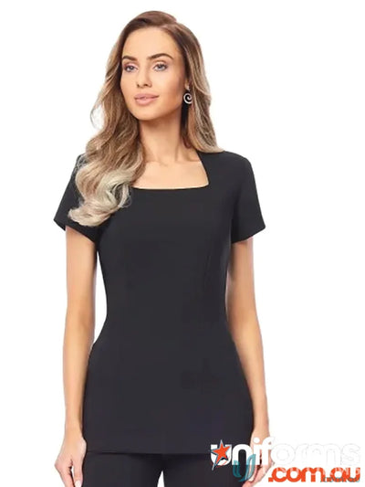 Black square-neck tunic from Demure Square-Neck Beauty & Spa for demanding environments