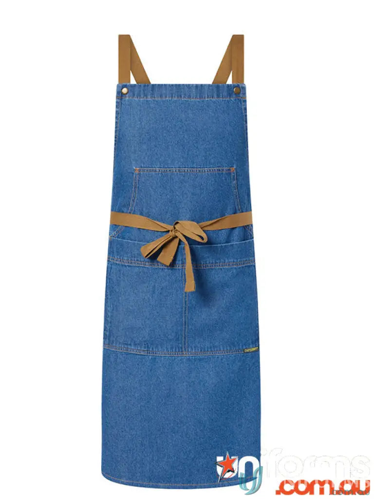 Blue denim bib apron with brown cross-back straps and patch pocket for workcraft denim bib style