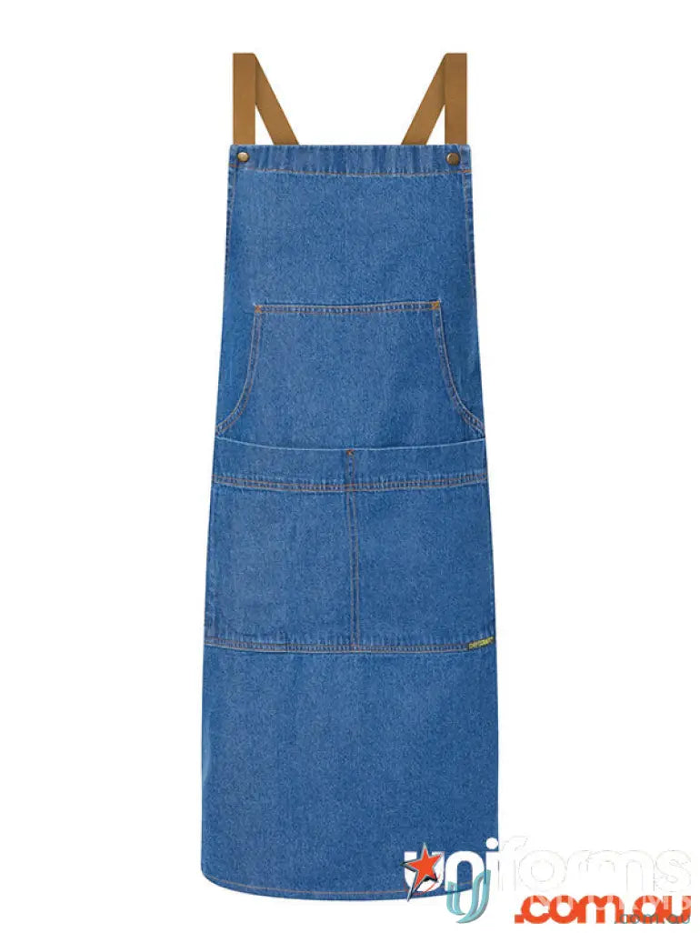 Blue denim bib apron with brown cross-back straps and patch pockets for workcraft denim bib style