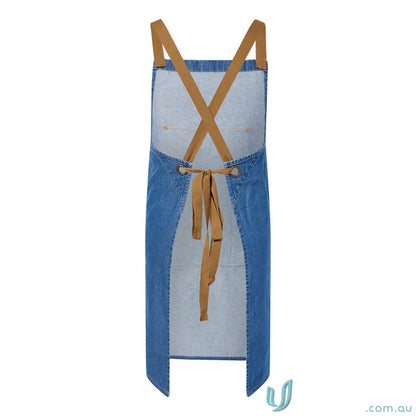 Blue denim bib apron with patch pocket, criss-cross straps, perfect for workcraft denim bib or café crews uniform