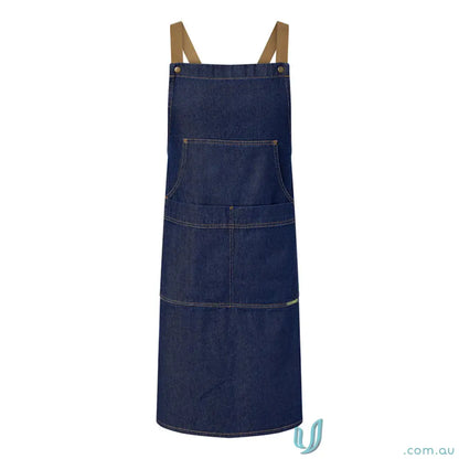 Workcraft denim bib apron with tan straps and patch pockets perfect for café crews