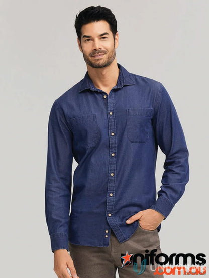 Blue long-sleeved denim shirt with sports fit and garment washed finish