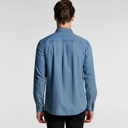 Blue chambray denim shirt with button-down collar and long sleeves
