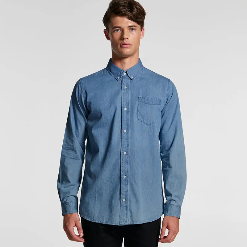 Light blue denim shirt with button-down collar and chest pocket for uniforms