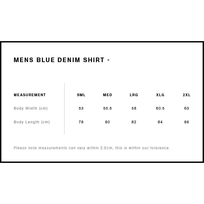 Mens blue denim shirt with size chart in cm product details