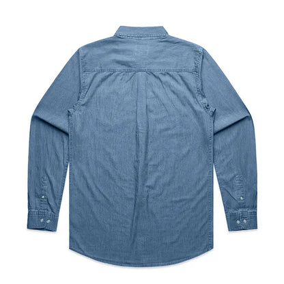 Light blue denim shirt with rolled-up sleeves and button-down collar