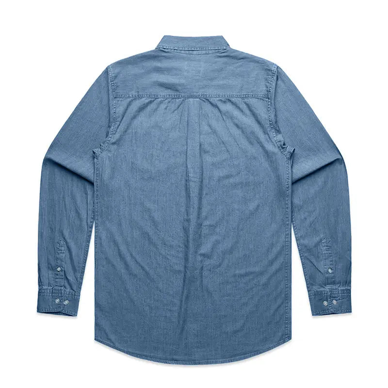 Light blue denim shirt with rolled-up sleeves and button-down collar