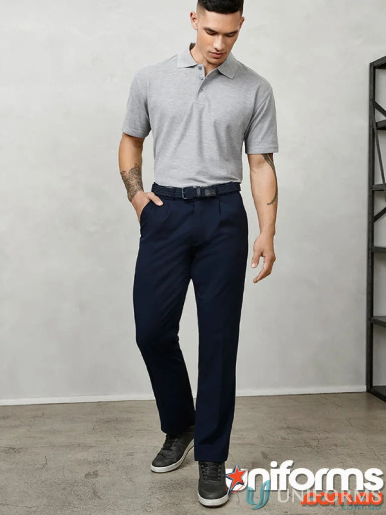 Man in gray polo and navy Detroit Pant from Biz Collection Men’s B S10110R
