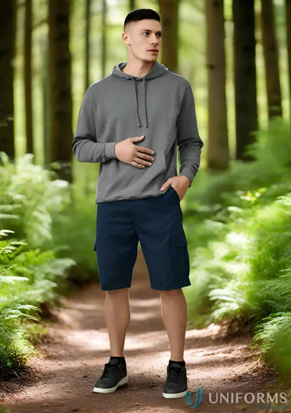 Man in gray hoodie and navy Biz Collection Detroit Shorts with Biz Flexi-Band™ waistband