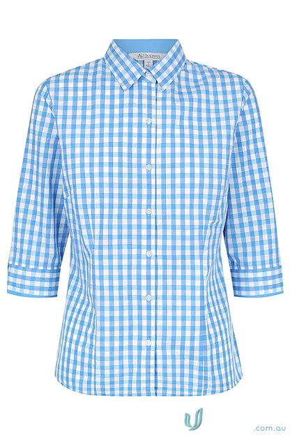 Blue and white checkered Devonport Ladies 3qtr Shirt for style and workwear uniforms