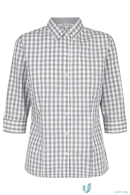 Gray and white checkered Devonport Ladies 3Qtr Shirt for style, uniforms, workwear