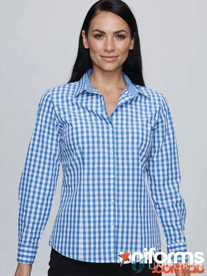 Blue and white checkered Devonport Ladies L/S Shirt, perfect for workwear and stylish uniforms