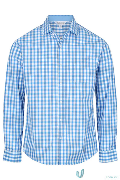 Blue and white checkered Devonport Ladies L/S Shirt for style, workwear, and uniforms